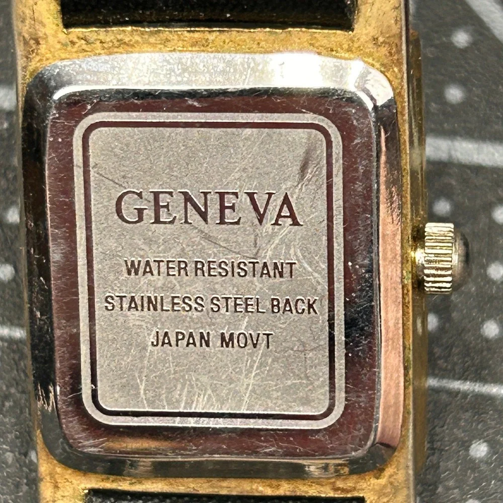 Geneva Quartz Watch Gold‎ Tone Rectangular Case Black Leather Band Japan Movt